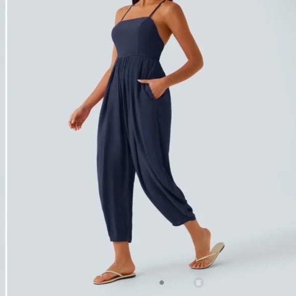 HALARA Navy Spaghetti-Strap Relaxed Jumpsuit